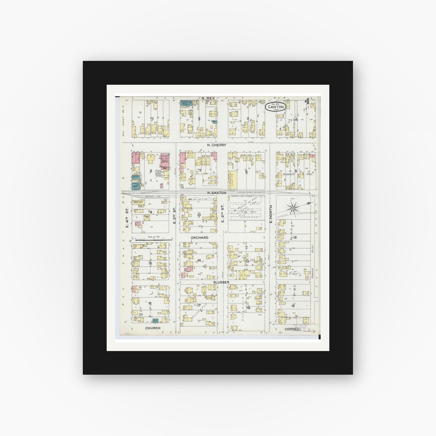 Old map wall art mockup — black gallery frame with white mat — Sanborn Fire Insurance Map from Canton, Stark County, Ohio (1891), Sheet #0004