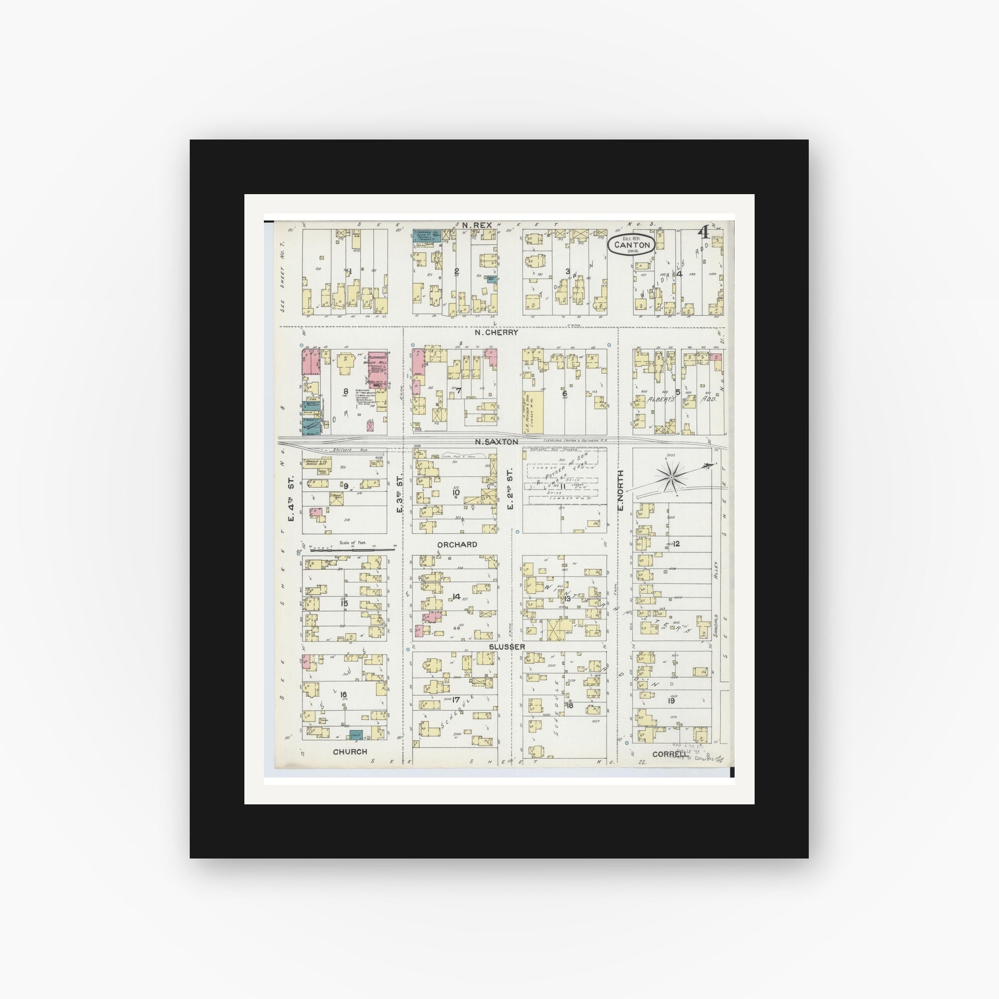 Old map wall art mockup — black gallery frame with white mat — Sanborn Fire Insurance Map from Canton, Stark County, Ohio (1891), Sheet #0004