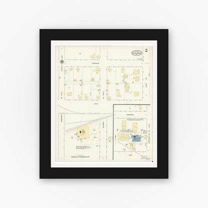 Old map wall art mockup — black gallery frame with white mat — Sanborn Fire Insurance Map from Schulenburg, Fayette County, Texas (1912), Sheet #0002