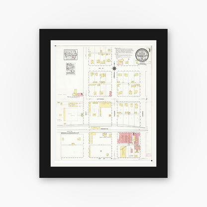 Old map wall art mockup — black gallery frame with white mat — Sanborn Fire Insurance Map from Prairie City, Jasper County, Iowa (1916), Sheet #0001