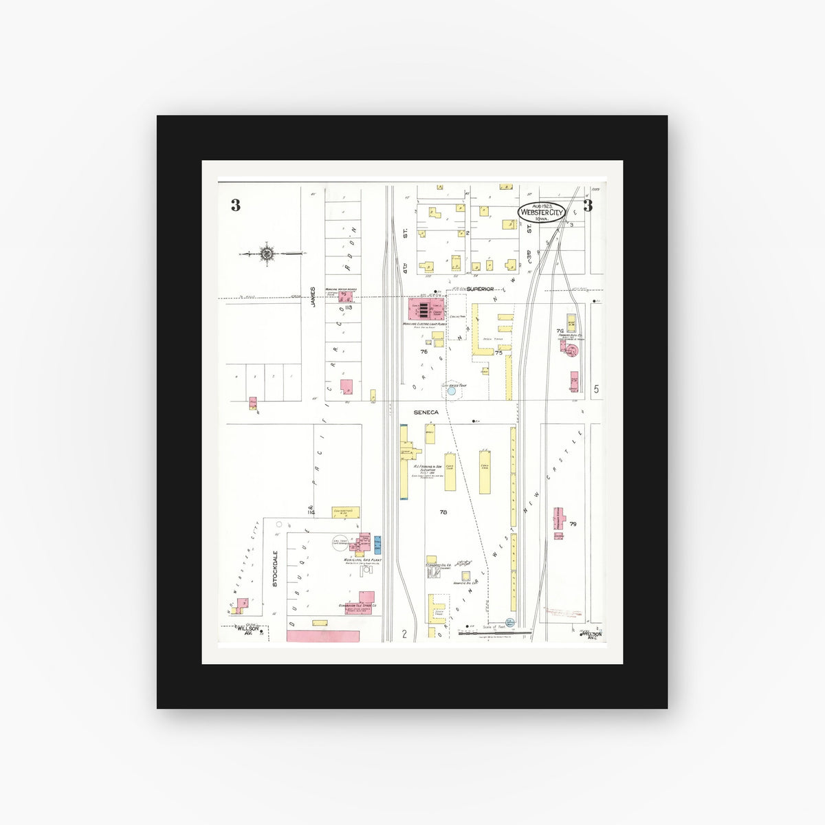 Old map wall art mockup — black gallery frame with white mat — Sanborn Fire Insurance Map from Webster City, Hamilton County, Iowa (1923), Sheet #0003