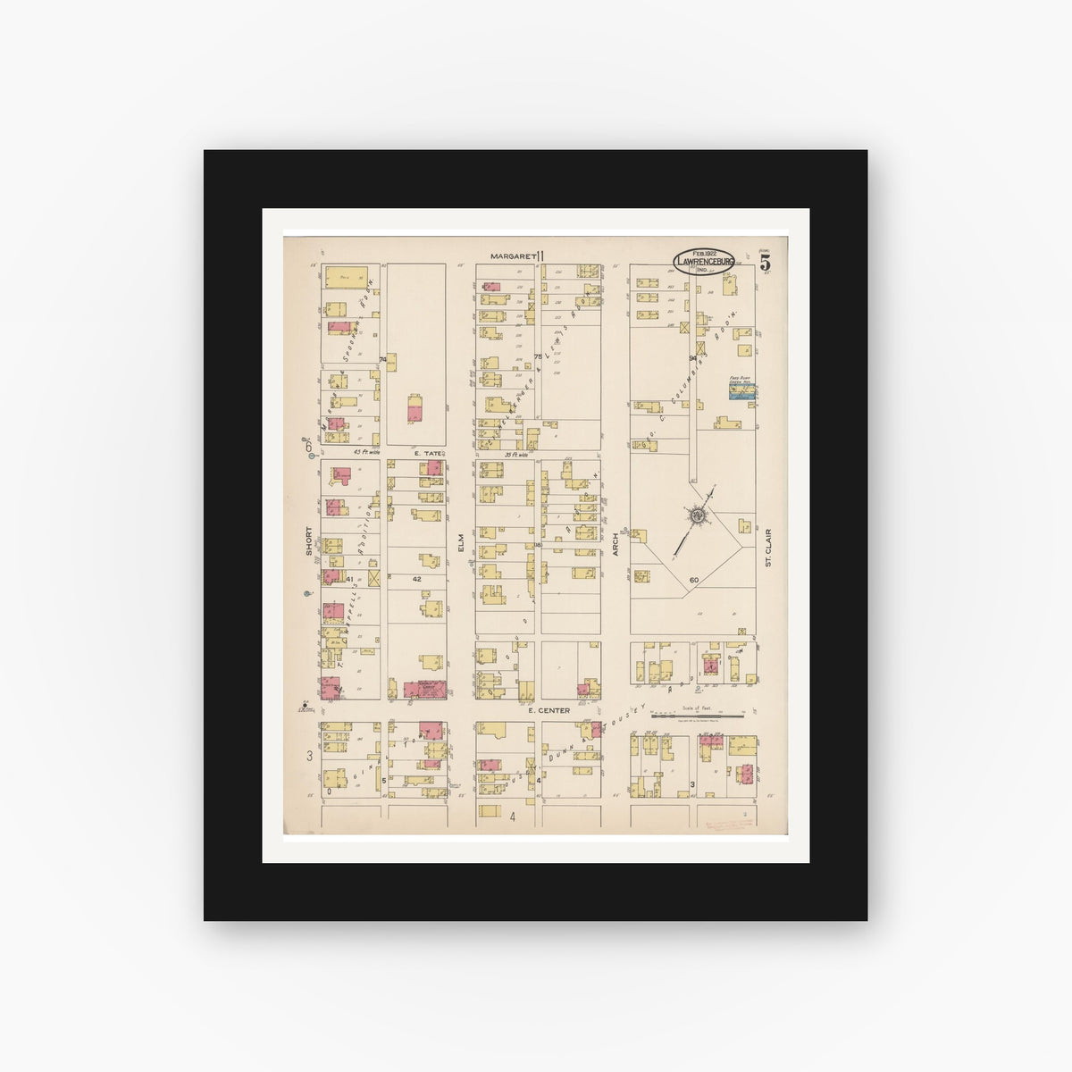 Old map wall art mockup — black gallery frame with white mat — Sanborn Fire Insurance Map from Lawrenceburg, Dearborn County, Indiana (1922), Sheet #0005