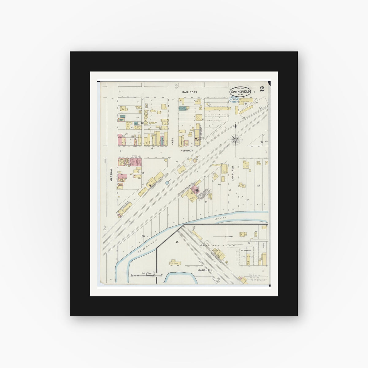 Old map wall art mockup — black gallery frame with white mat — Sanborn Fire Insurance Map from Springfield, Brown County, Minnesota (1894), Sheet #0002