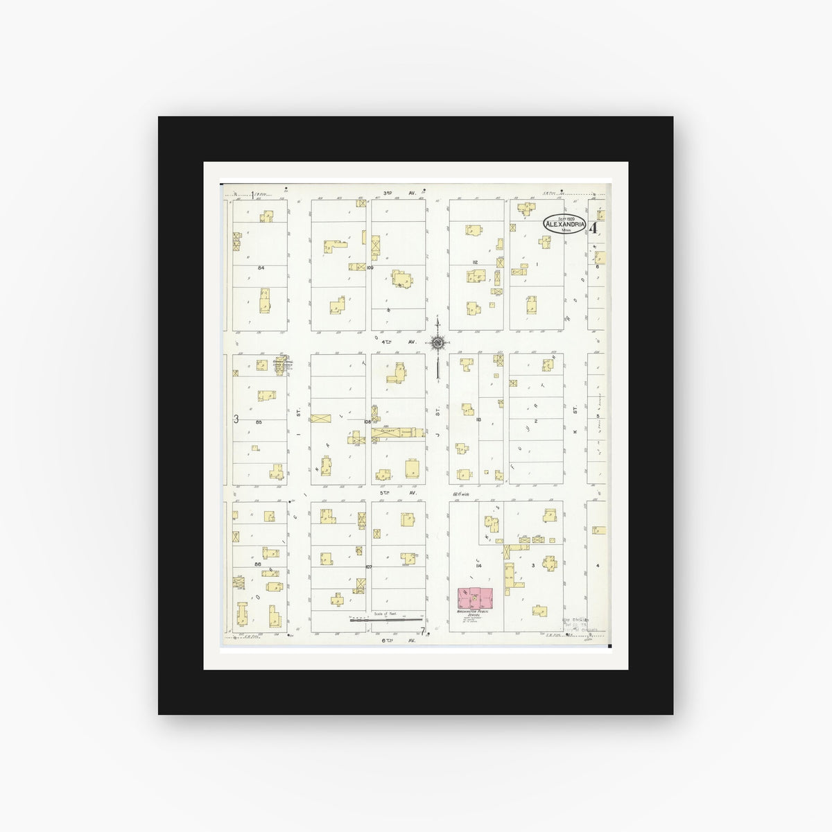 Old map wall art mockup — black gallery frame with white mat — Sanborn Fire Insurance Map from Alexandria, Douglas County, Minnesota (1909), Sheet #0004