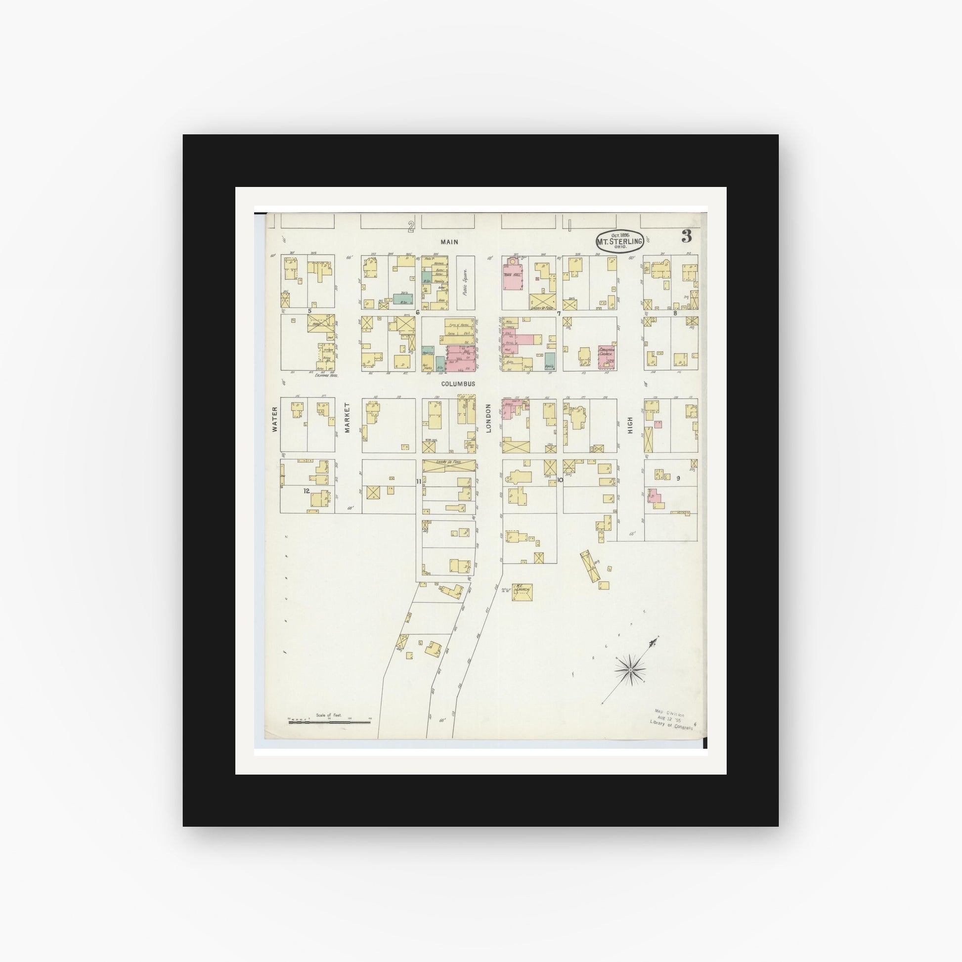 Old map wall art mockup — black gallery frame with white mat — Sanborn Fire Insurance Map from Mount Sterling, Madison County, Ohio (1895), Sheet #0003