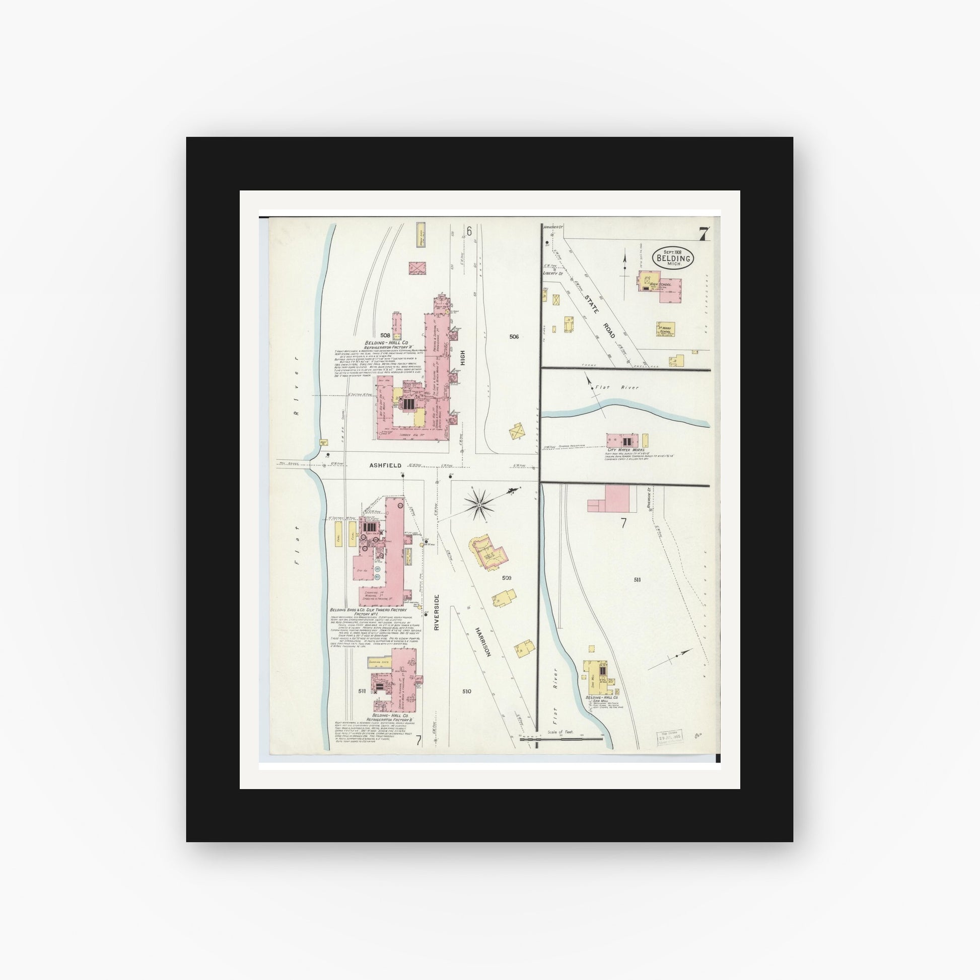 Old map wall art mockup — black gallery frame with white mat — Sanborn Fire Insurance Map from Belding, Ionia County, Michigan (1908), Sheet #0007