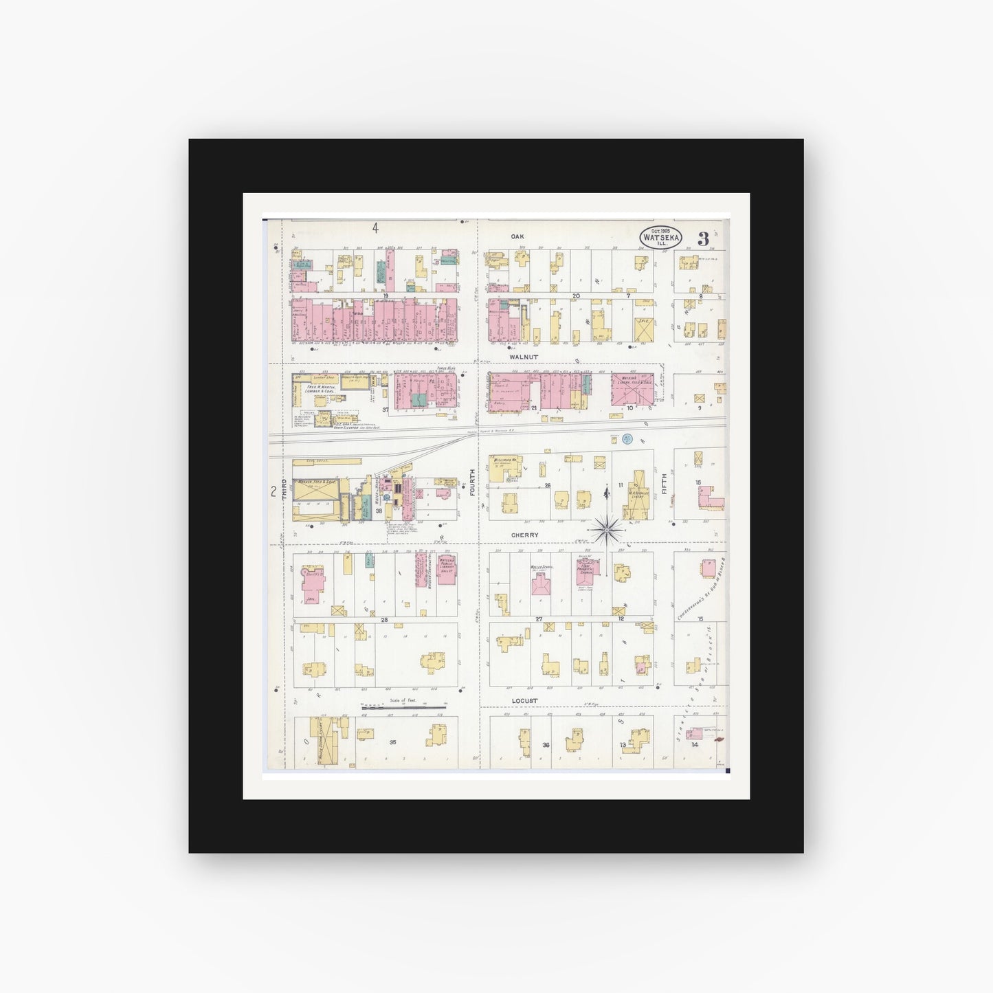 Old map wall art mockup — black gallery frame with white mat — Sanborn Fire Insurance Map from Watseka, Iroquois County, Illinois (1905), Sheet #0003