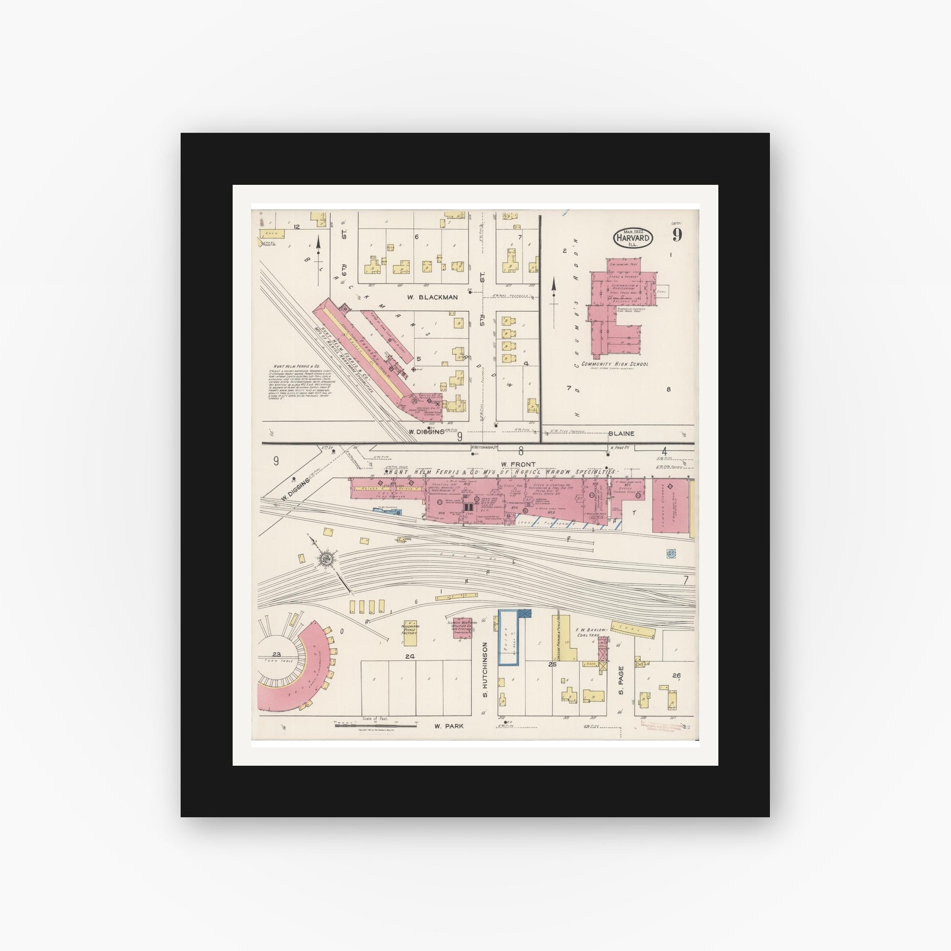 Old map wall art mockup — black gallery frame with white mat — Sanborn Fire Insurance Map from Harvard, McHenry County, Illinois (1922), Sheet #0009