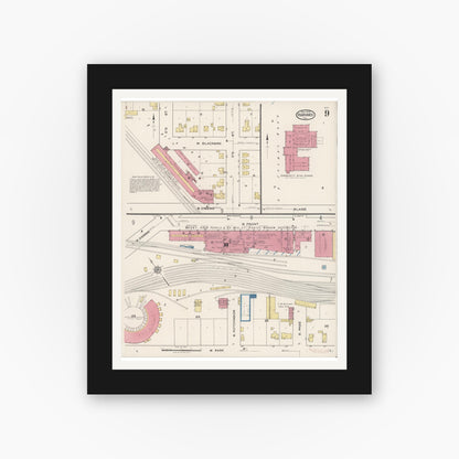 Old map wall art mockup — black gallery frame with white mat — Sanborn Fire Insurance Map from Harvard, McHenry County, Illinois (1922), Sheet #0009