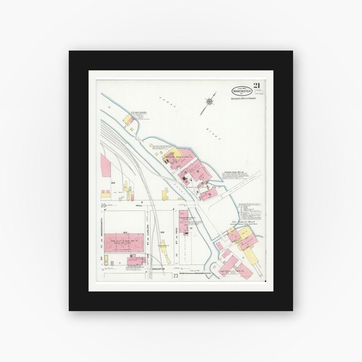 Old map wall art mockup — black gallery frame with white mat — Sanborn Fire Insurance Map from Manchester, Chesterfield County, Virginia (1910), Sheet #0021