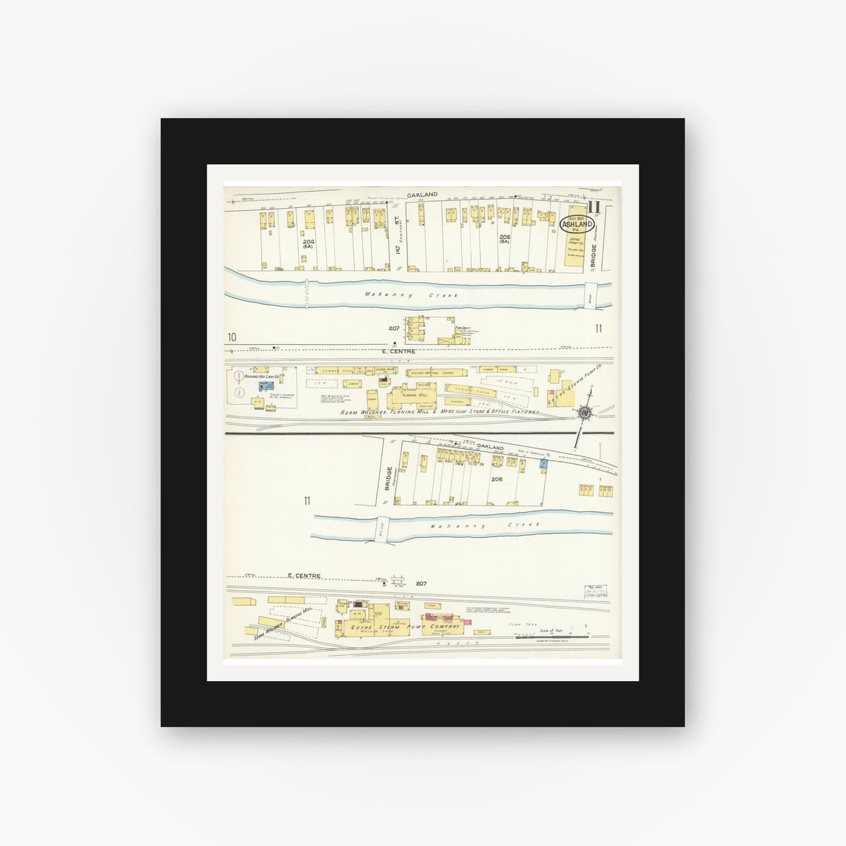 Old map wall art mockup — black gallery frame with white mat — Sanborn Fire Insurance Map from Ashland, Schuylkill County, Pennsylvania (1921), Sheet #0011