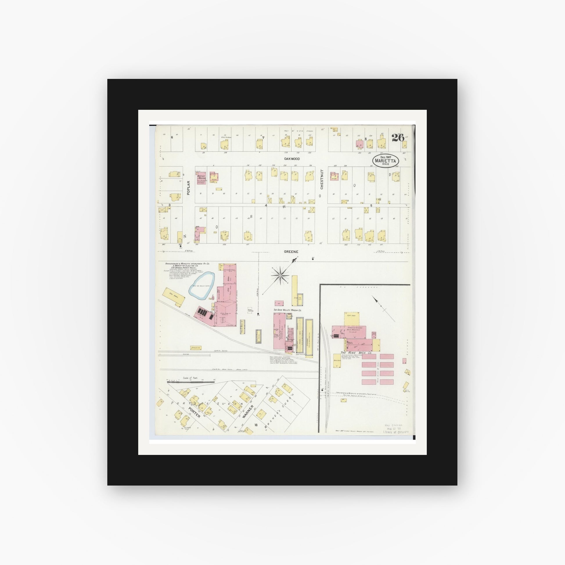 Old map wall art mockup — black gallery frame with white mat — Sanborn Fire Insurance Map from Marietta, Washington County, Ohio (1907), Sheet #0026