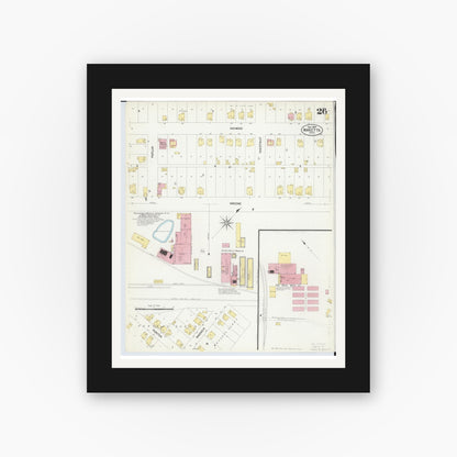 Old map wall art mockup — black gallery frame with white mat — Sanborn Fire Insurance Map from Marietta, Washington County, Ohio (1907), Sheet #0026