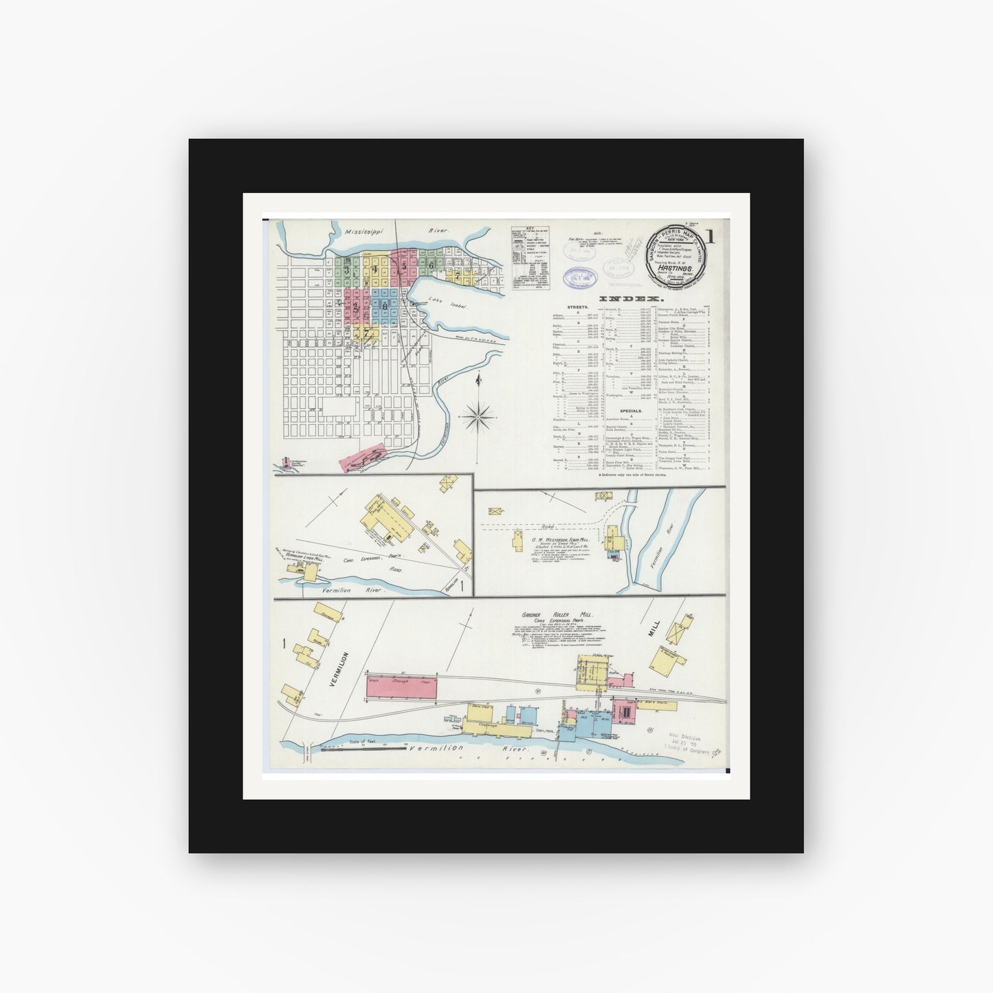 Old map wall art mockup — black gallery frame with white mat — Sanborn Fire Insurance Map from Hastings, Dakota County, Minnesota (1898), Sheet #0001