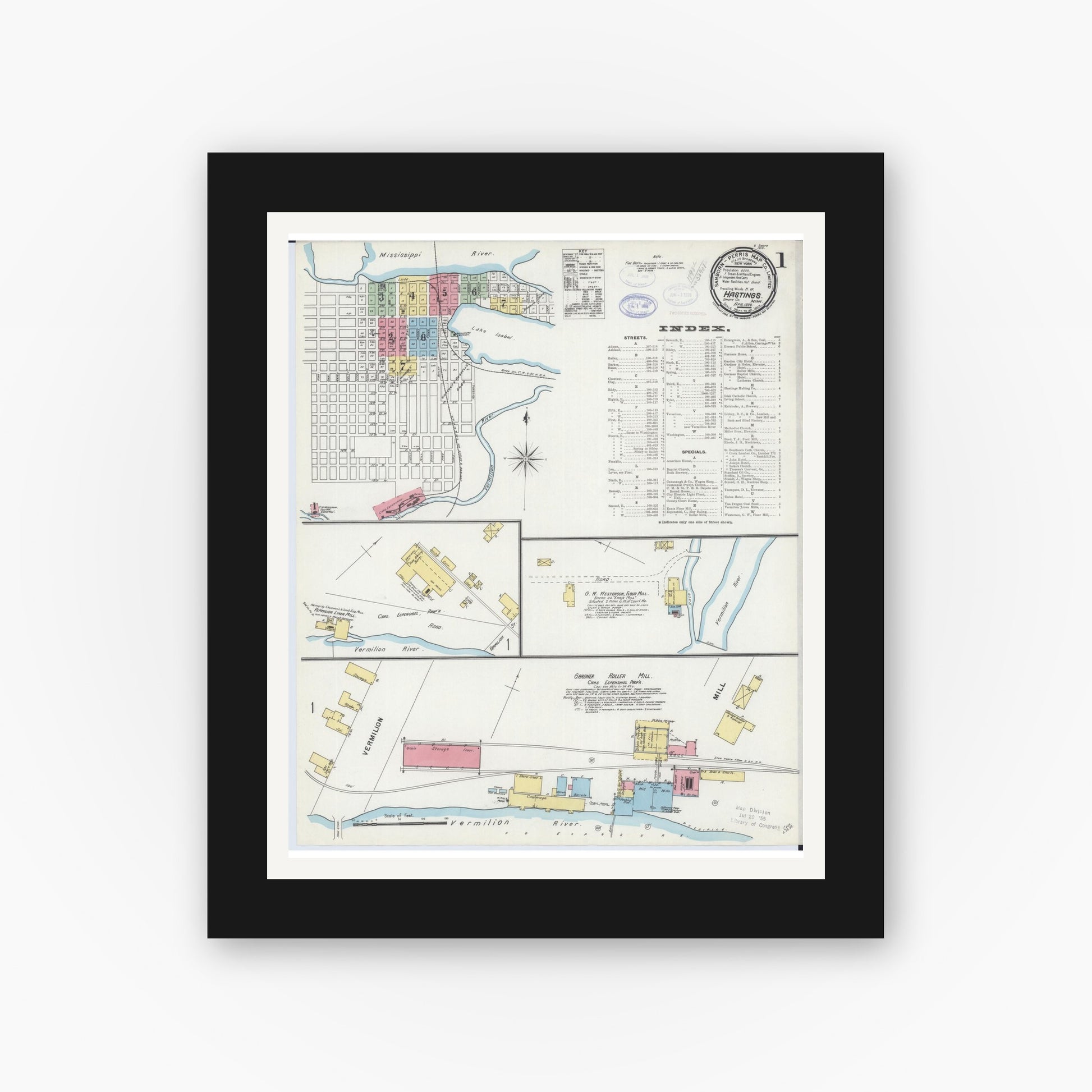 Old map wall art mockup — black gallery frame with white mat — Sanborn Fire Insurance Map from Hastings, Dakota County, Minnesota (1898), Sheet #0001