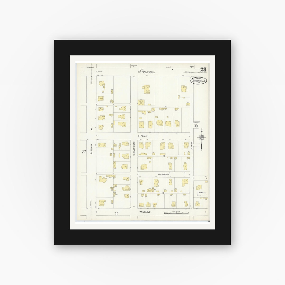 Old map wall art mockup — black gallery frame with white mat — Sanborn Fire Insurance Map from Gainesville, Cooke County, Texas (1913), Sheet #0028