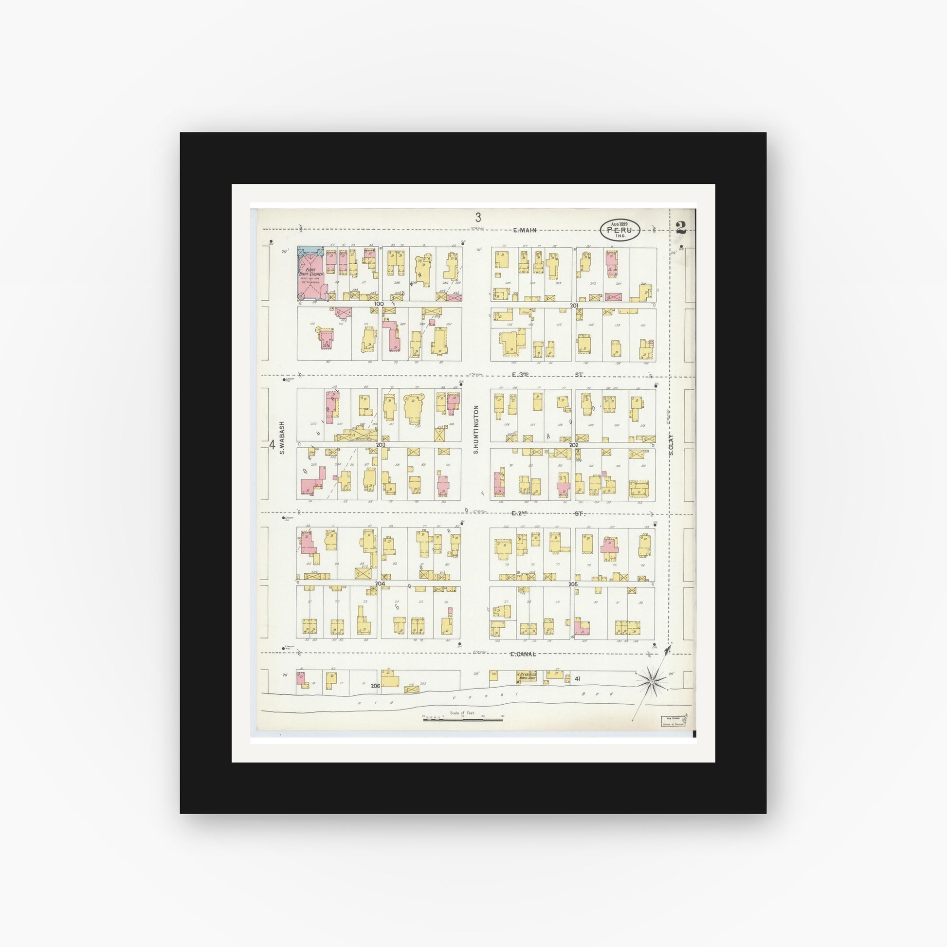 Old map wall art mockup — black gallery frame with white mat — Sanborn Fire Insurance Map from Peru, Miami County, Indiana (1899), Sheet #0002