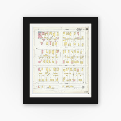 Old map wall art mockup — black gallery frame with white mat — Sanborn Fire Insurance Map from Peru, Miami County, Indiana (1899), Sheet #0002