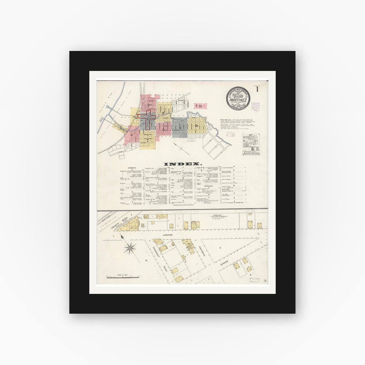 Old map wall art mockup — black gallery frame with white mat — Sanborn Fire Insurance Map from Martinez, Contra Costa County, California (1908), Sheet #0001