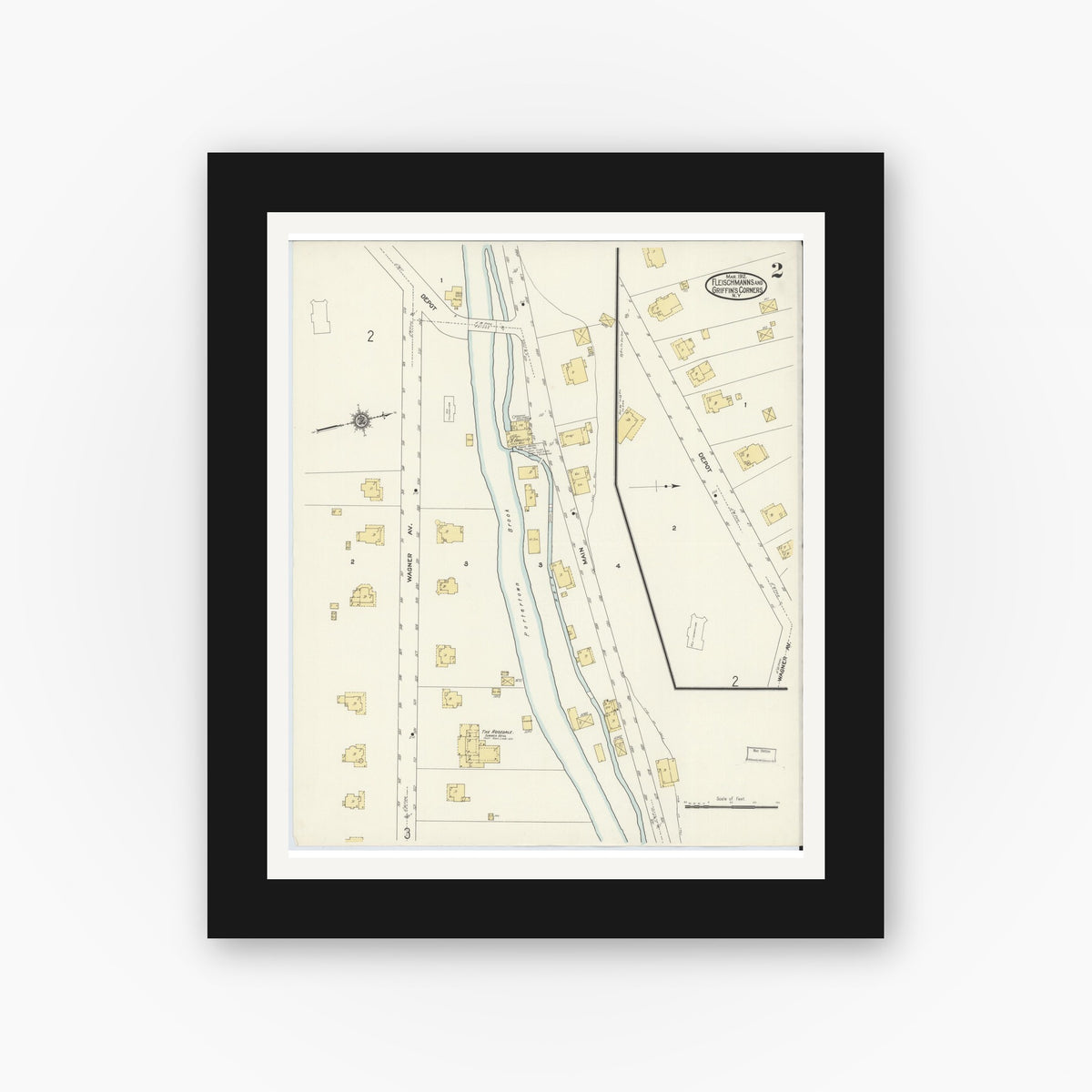 Old map wall art mockup — black gallery frame with white mat — Sanborn Fire Insurance Map from Fleischmanns, Delaware County, New York (1912), Sheet #0002