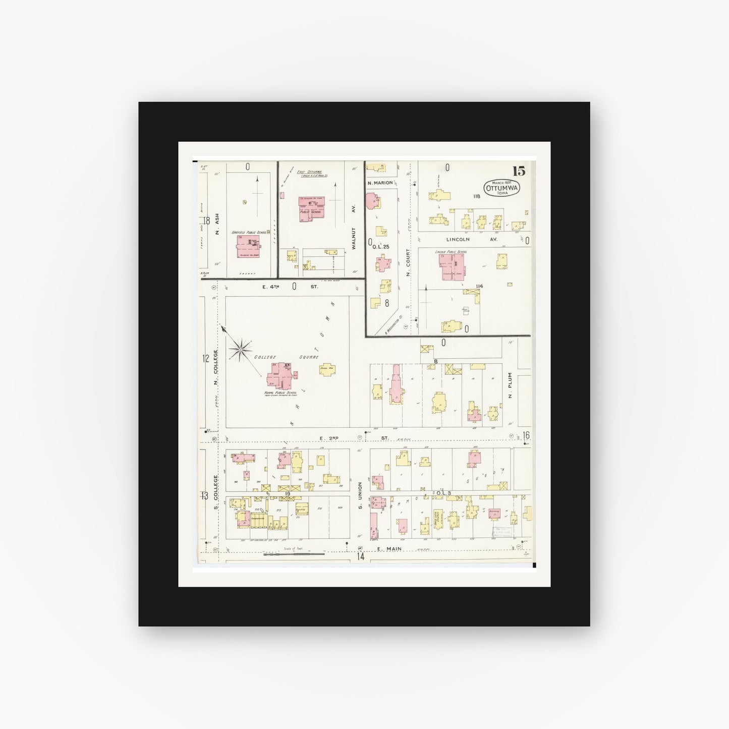 Old map wall art mockup — black gallery frame with white mat — Sanborn Fire Insurance Map from Ottumwa, Wapello County, Iowa (1897), Sheet #0015