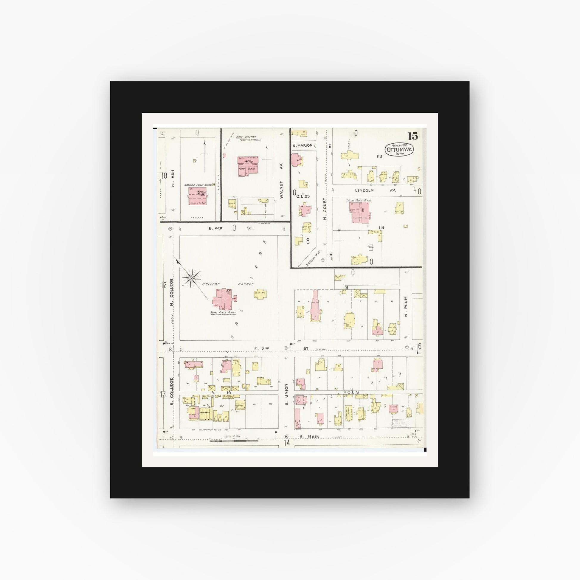 Old map wall art mockup — black gallery frame with white mat — Sanborn Fire Insurance Map from Ottumwa, Wapello County, Iowa (1897), Sheet #0015