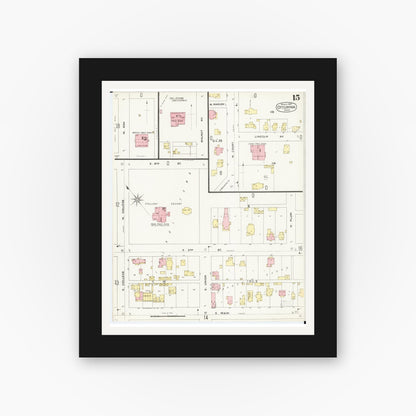 Old map wall art mockup — black gallery frame with white mat — Sanborn Fire Insurance Map from Ottumwa, Wapello County, Iowa (1897), Sheet #0015