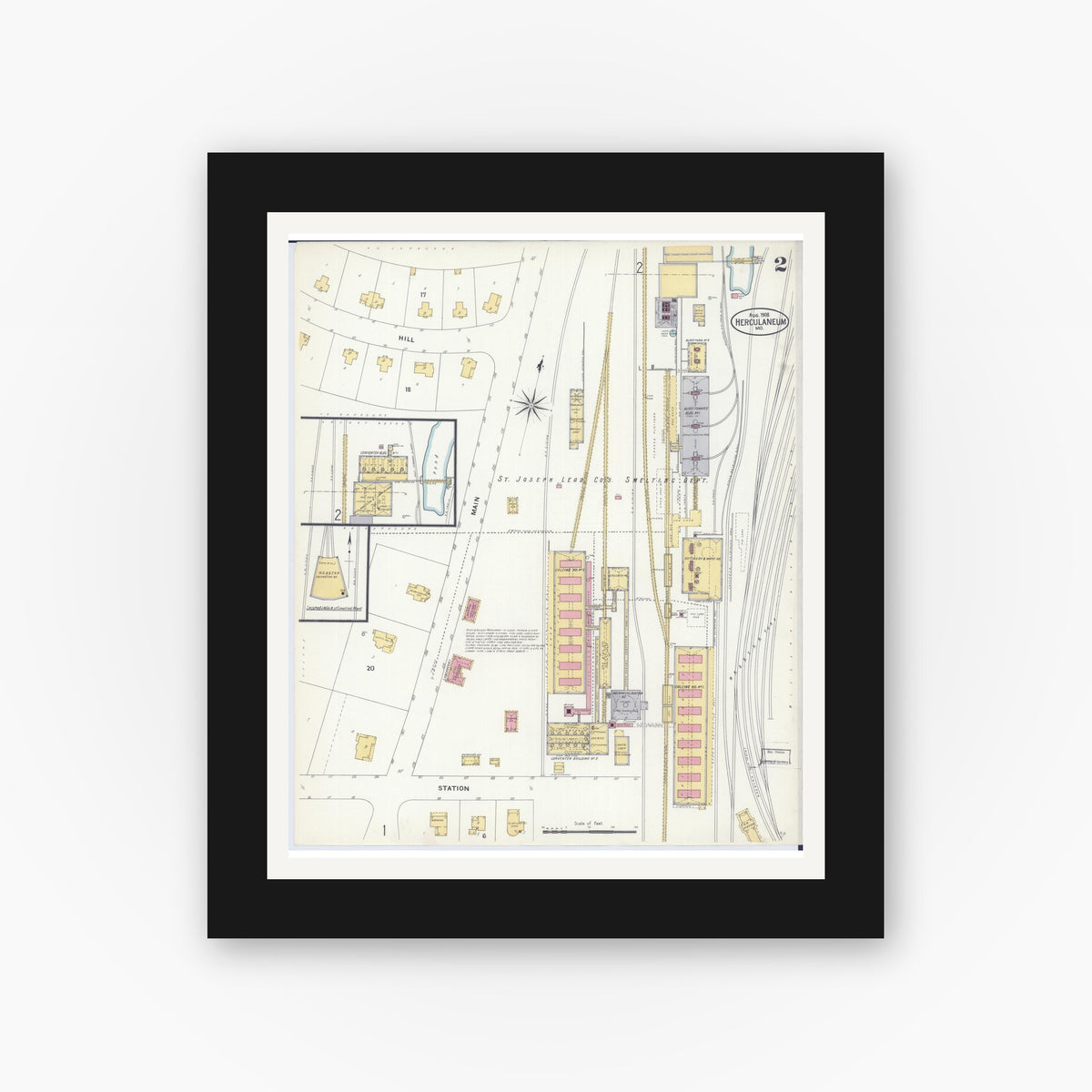 Old map wall art mockup — black gallery frame with white mat — Sanborn Fire Insurance Map from Herculaneum, Jefferson County, Missouri (1908), Sheet #0002