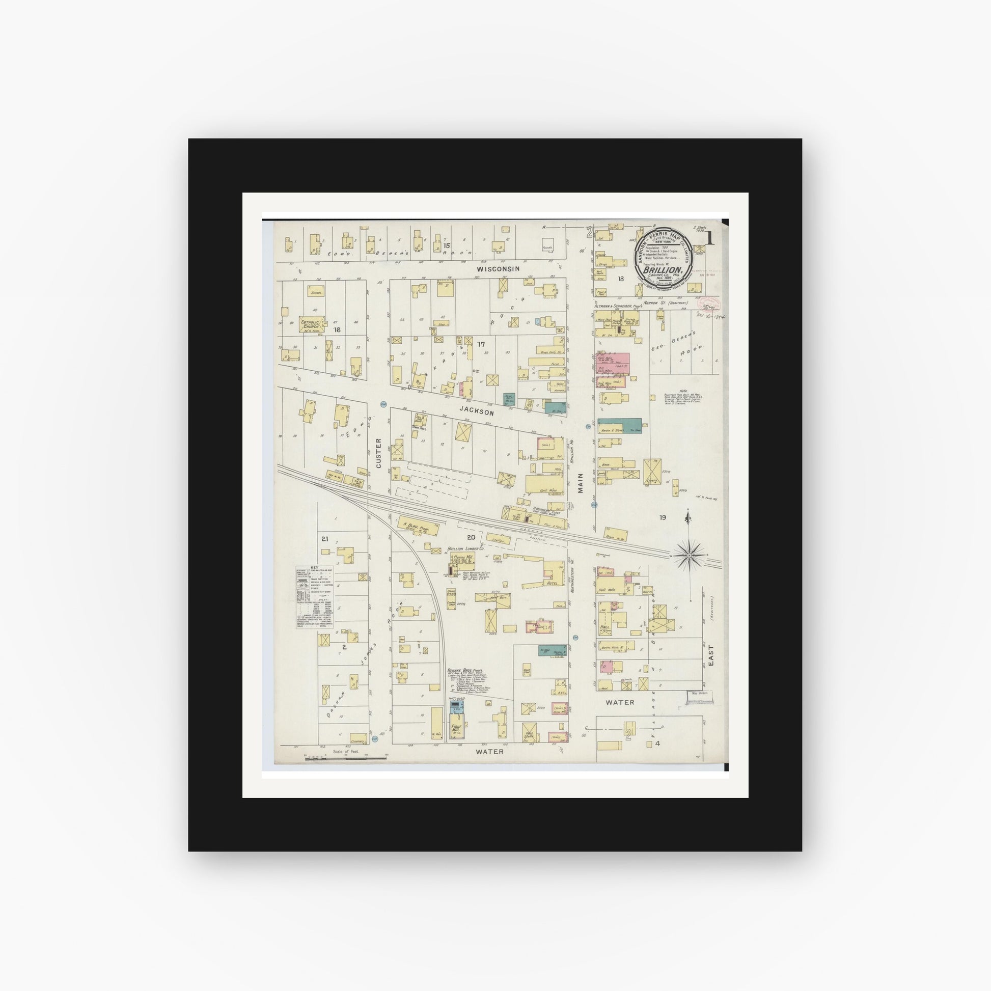Old map wall art mockup — black gallery frame with white mat — Sanborn Fire Insurance Map from Brillion, Calumet County, Wisconsin (1894), Sheet #0001