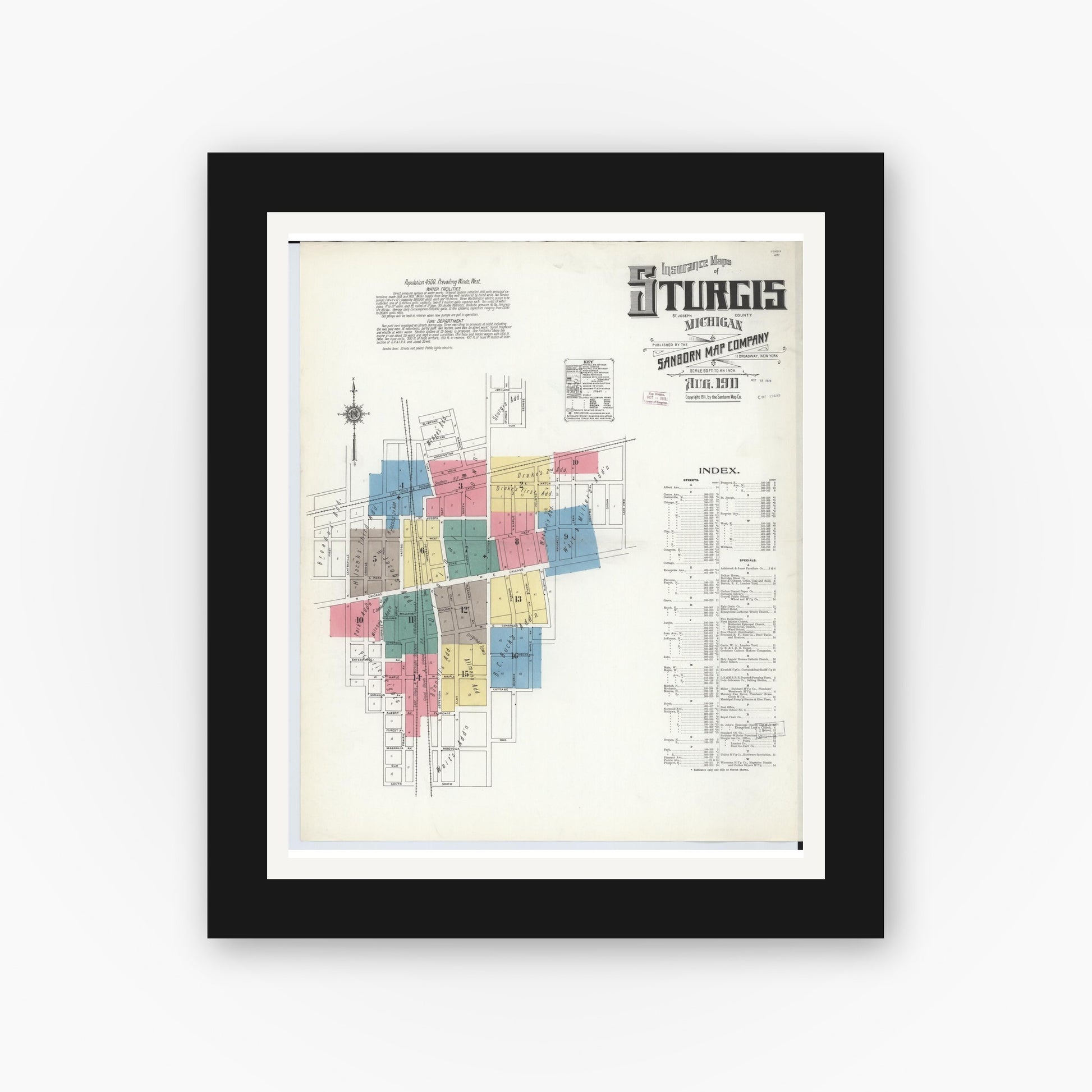 Old map wall art mockup — black gallery frame with white mat — Sanborn Fire Insurance Map from Sturgis, Saint Joseph County, Michigan (1911) - Complete Map Set