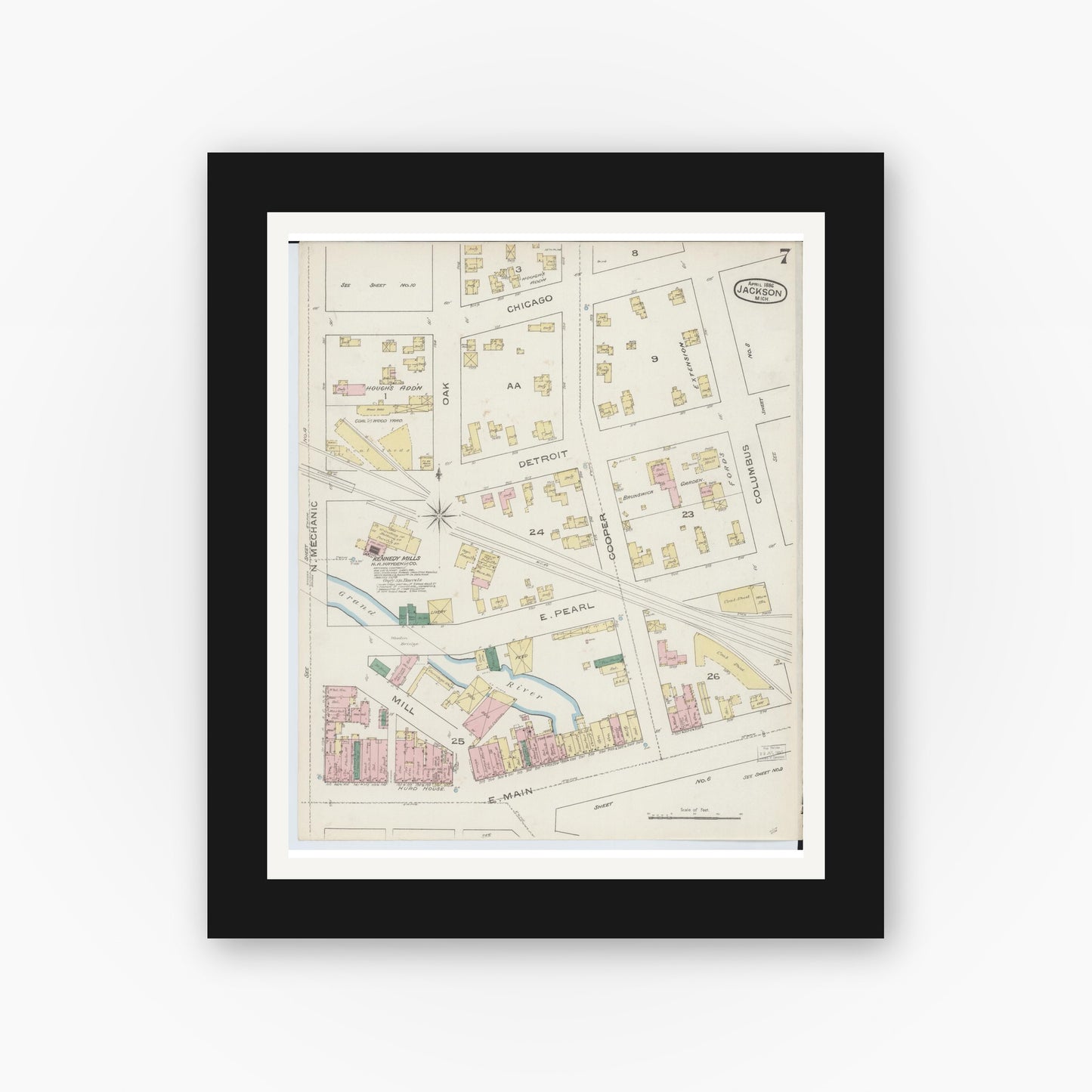 Old map wall art mockup — black gallery frame with white mat — Sanborn Fire Insurance Map from Jackson, Jackson County, Michigan (1886), Sheet #0007