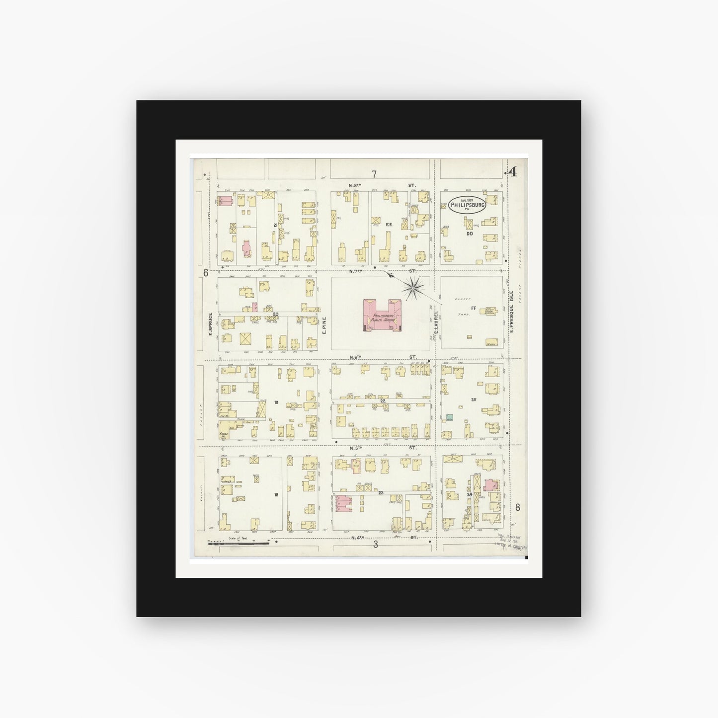 Old map wall art mockup — black gallery frame with white mat — Sanborn Fire Insurance Map from Philipsburg, Centre County, Pennsylvania (1897), Sheet #0004