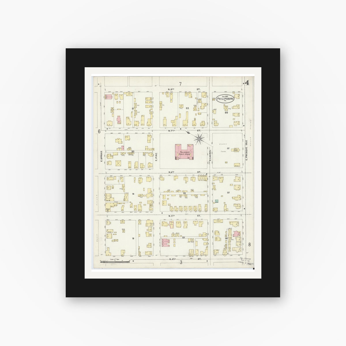 Old map wall art mockup — black gallery frame with white mat — Sanborn Fire Insurance Map from Philipsburg, Centre County, Pennsylvania (1897), Sheet #0004