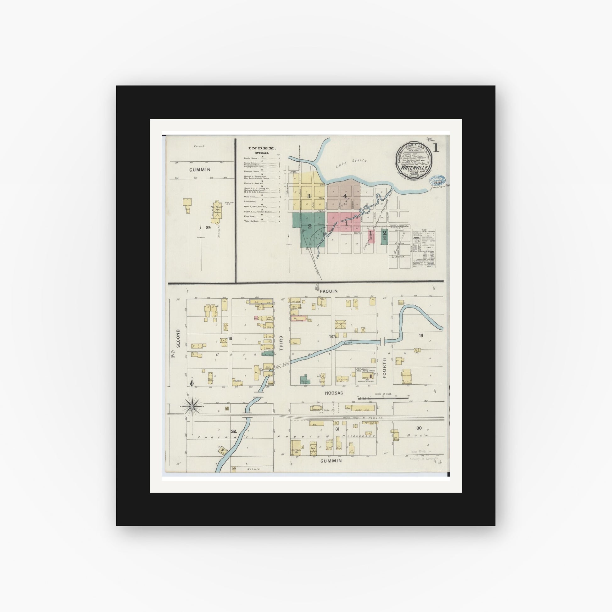 Old map wall art mockup — black gallery frame with white mat — Sanborn Fire Insurance Map from Waterville, Le Sueur County, Minnesota (1894) - Complete Map Set