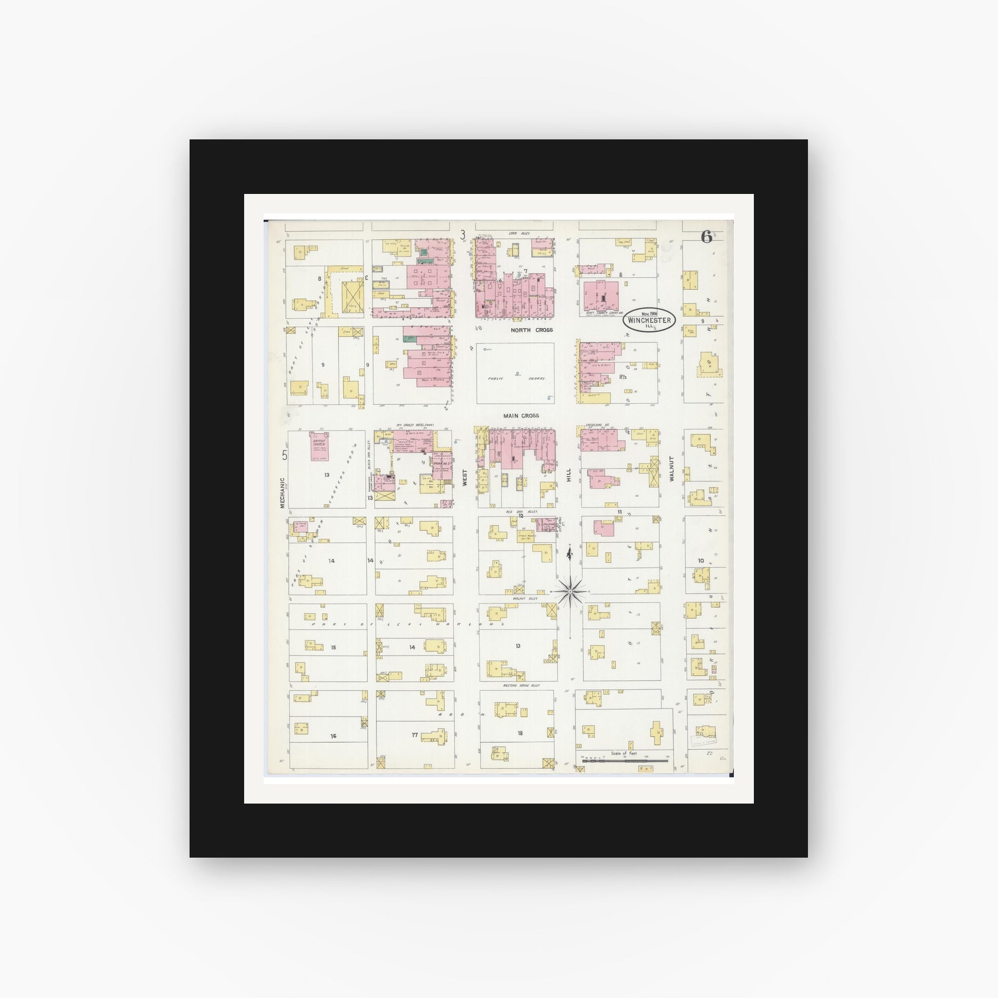 Old map wall art mockup — black gallery frame with white mat — Sanborn Fire Insurance Map from Winchester, Scott County, Illinois (1906), Sheet #0006