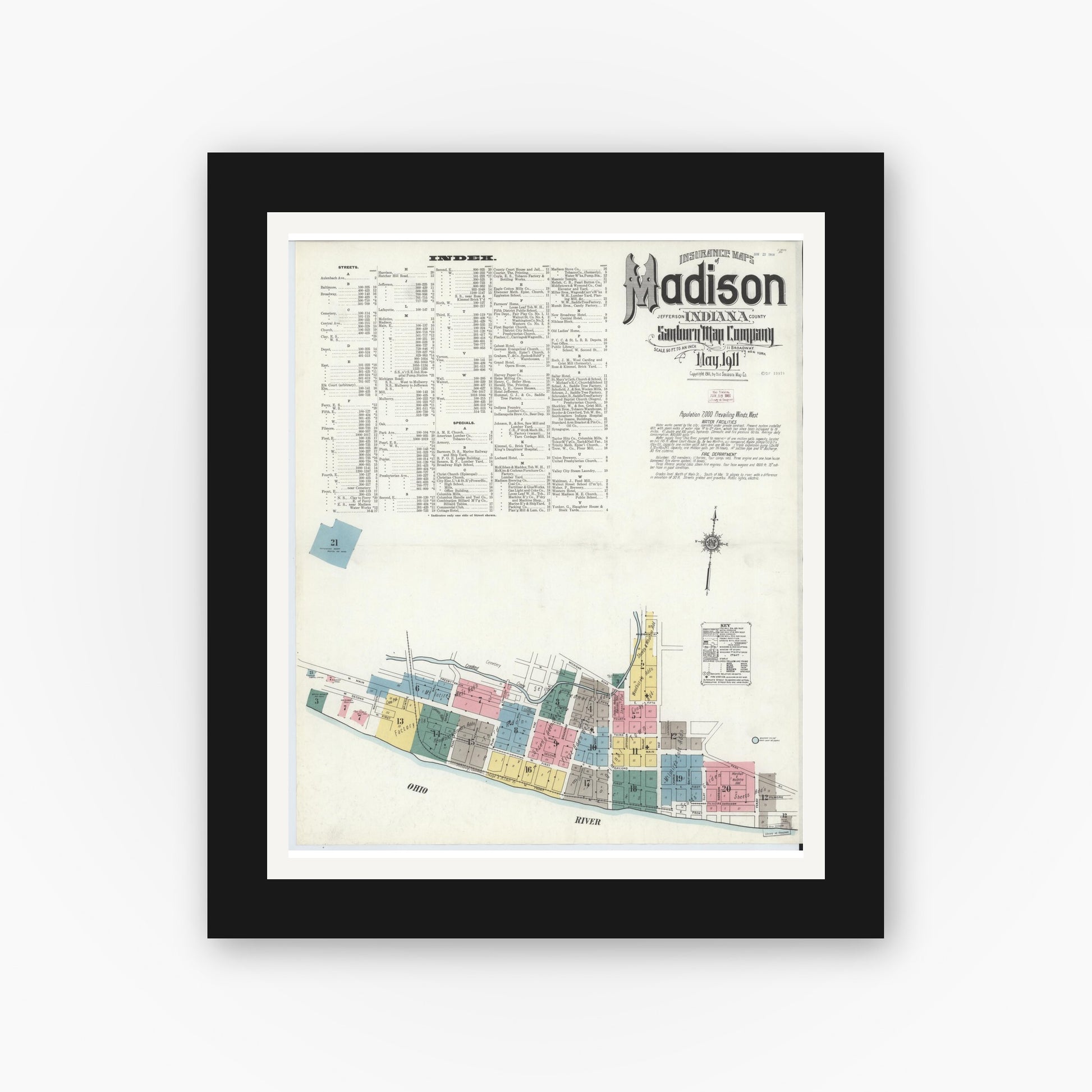 Old map wall art mockup — black gallery frame with white mat — Sanborn Fire Insurance Map from Madison, Jefferson County, Indiana (1911) - Complete Map Set