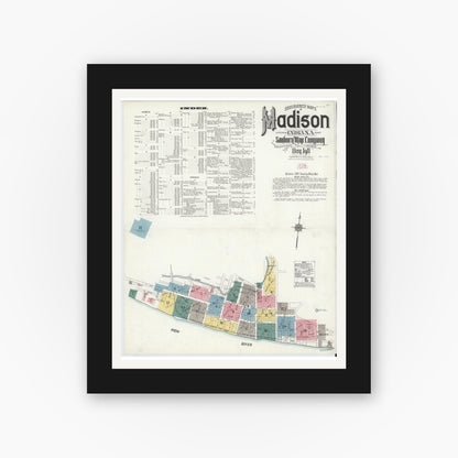 Old map wall art mockup — black gallery frame with white mat — Sanborn Fire Insurance Map from Madison, Jefferson County, Indiana (1911) - Complete Map Set