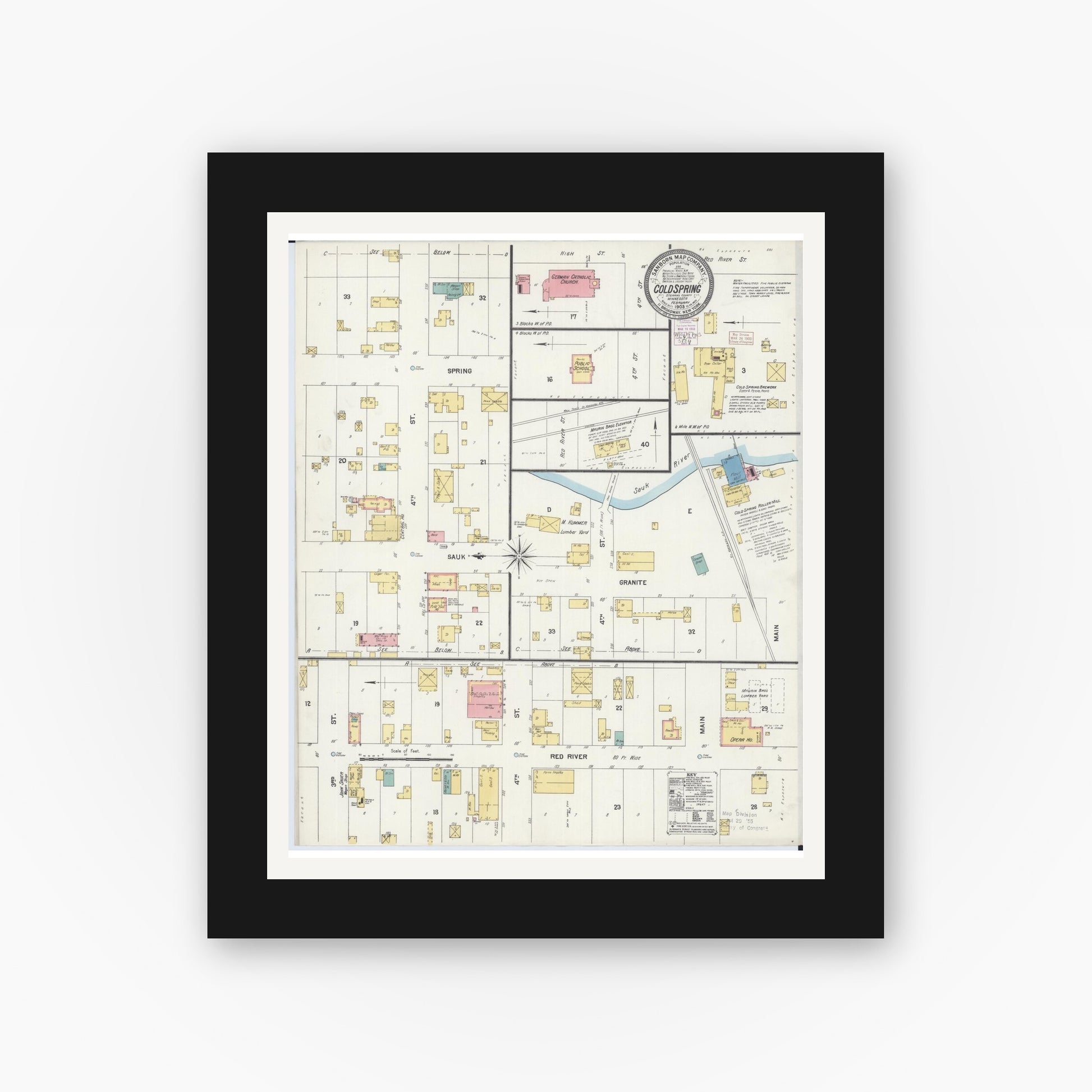 Old map wall art mockup — black gallery frame with white mat — Sanborn Fire Insurance Map from Cold Spring, Stearns County, Minnesota (1903), Sheet #0001