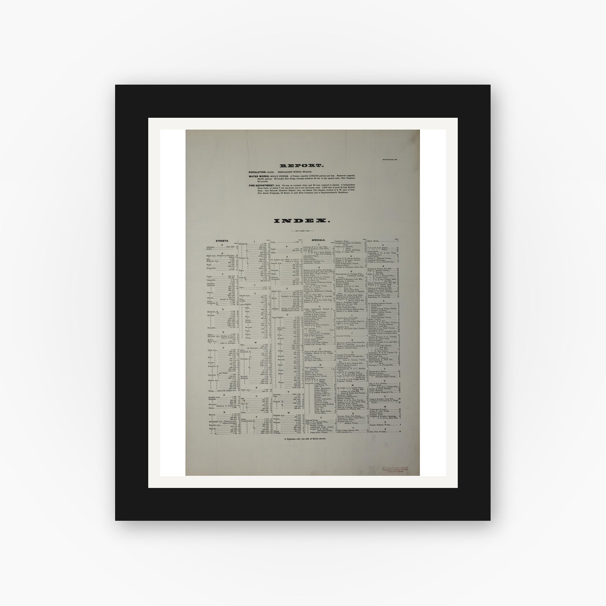Old map wall art mockup — black gallery frame with white mat — Sanborn Fire Insurance Map from Evansville, Vanderburgh County, Indiana (1884), Sheet #0001