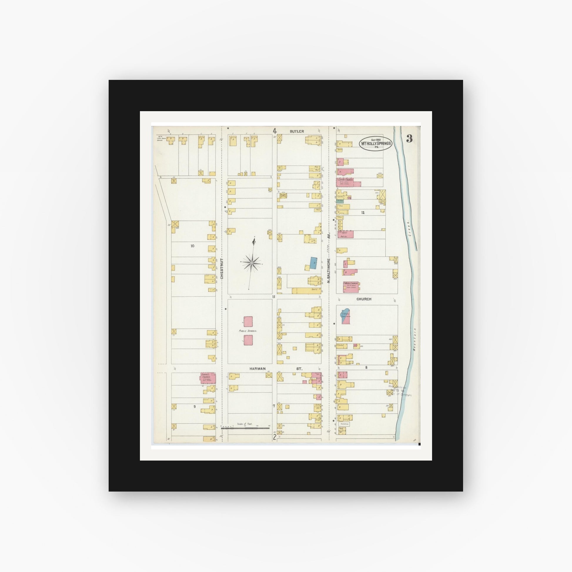 Old map wall art mockup — black gallery frame with white mat — Sanborn Fire Insurance Map from Mount Holly Springs, Cumberland County, Pennsylvania (1902), Sheet #0003