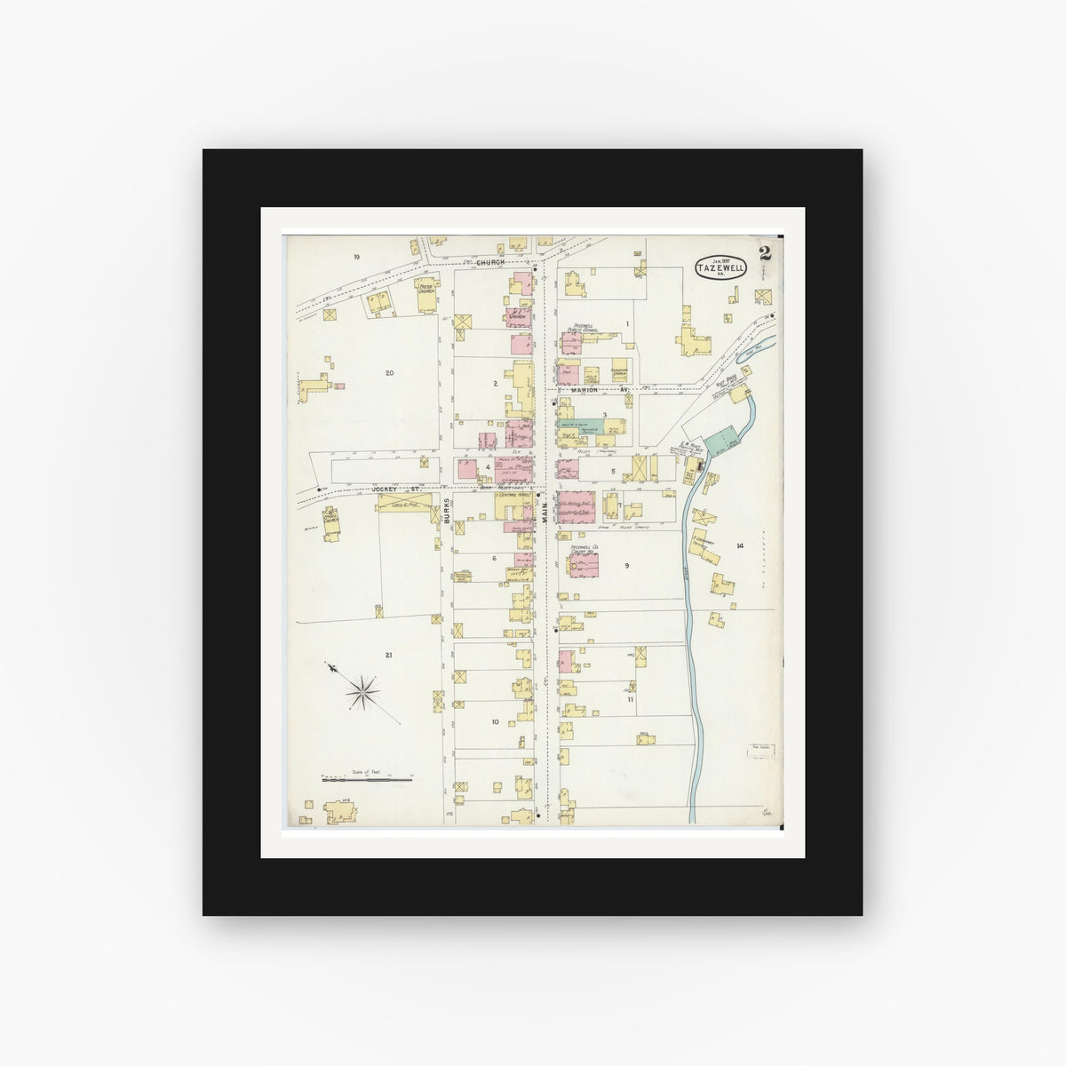 Old map wall art mockup — black gallery frame with white mat — Sanborn Fire Insurance Map from Tazewell, Tazewell County, Virginia (1897), Sheet #0002