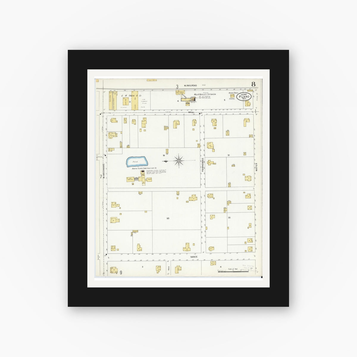 Old map wall art mockup — black gallery frame with white mat — Sanborn Fire Insurance Map from Plano, Collin County, Texas (1907), Sheet #0008