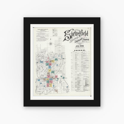 Old map wall art mockup — black gallery frame with white mat — Sanborn Fire Insurance Map from Springfield, Greene County, Missouri (1896) - Complete Map Set