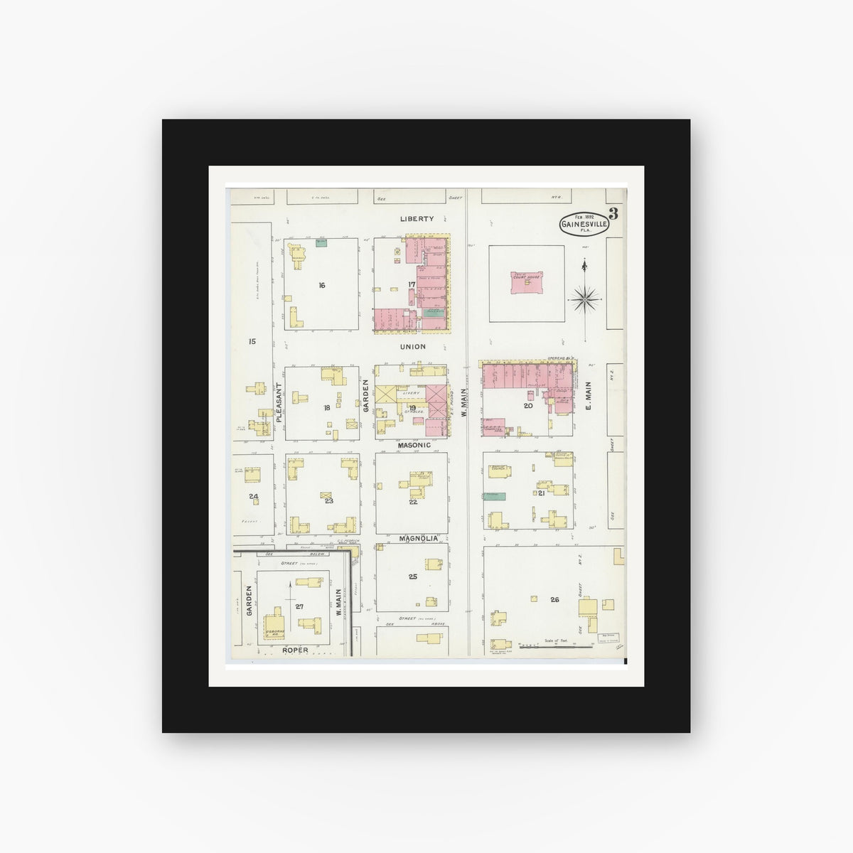 Old map wall art mockup — black gallery frame with white mat — Sanborn Fire Insurance Map from Gainesville, Alachua County, Florida (1892), Sheet #0003