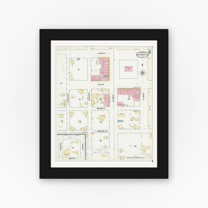 Old map wall art mockup — black gallery frame with white mat — Sanborn Fire Insurance Map from Gainesville, Alachua County, Florida (1892), Sheet #0003