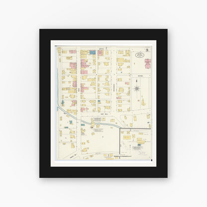 Old map wall art mockup — black gallery frame with white mat — Sanborn Fire Insurance Map from Utica, Licking County, Ohio (1907), Sheet #0003