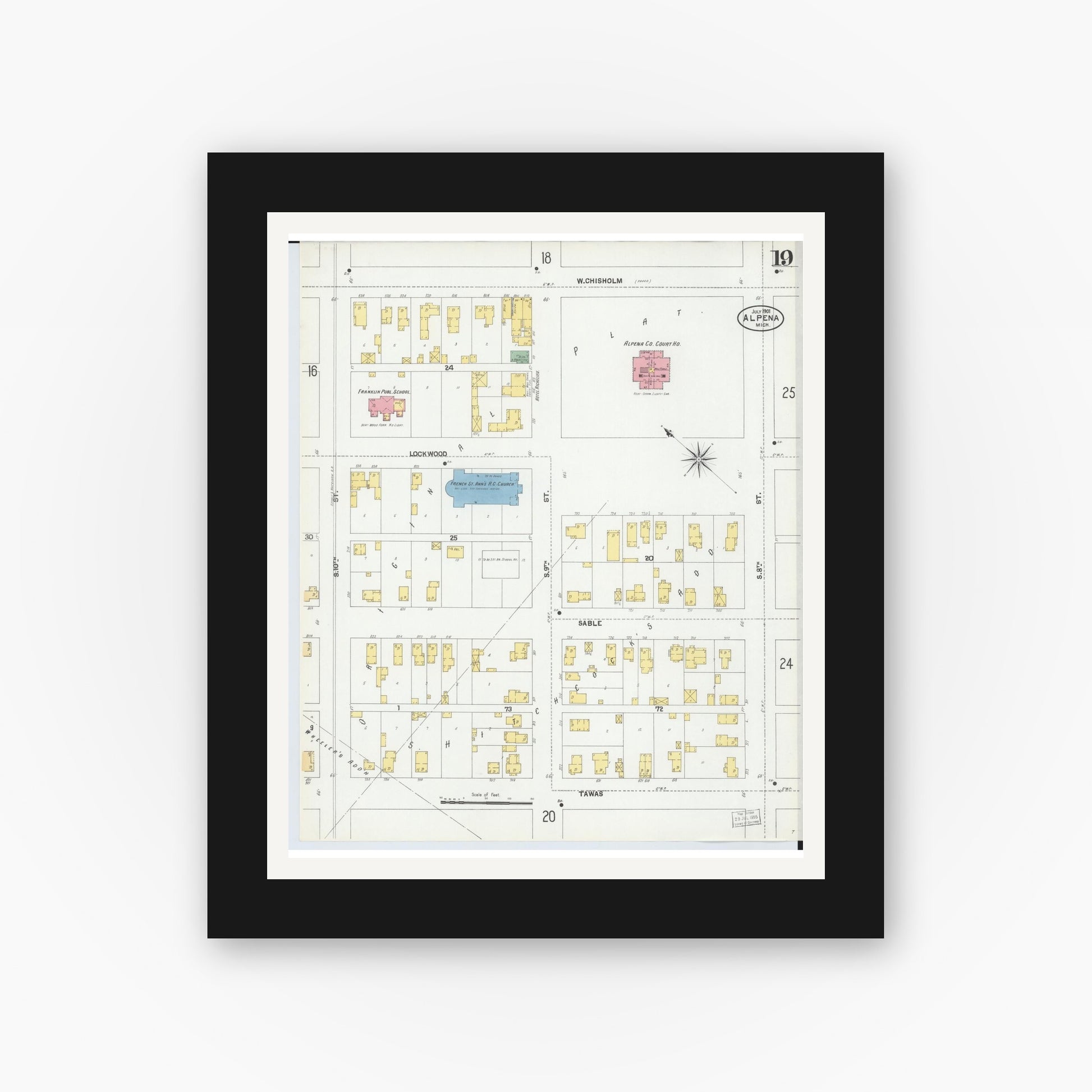 Old map wall art mockup — black gallery frame with white mat — Sanborn Fire Insurance Map from Alpena, Alpena County, Michigan (1901), Sheet #0019