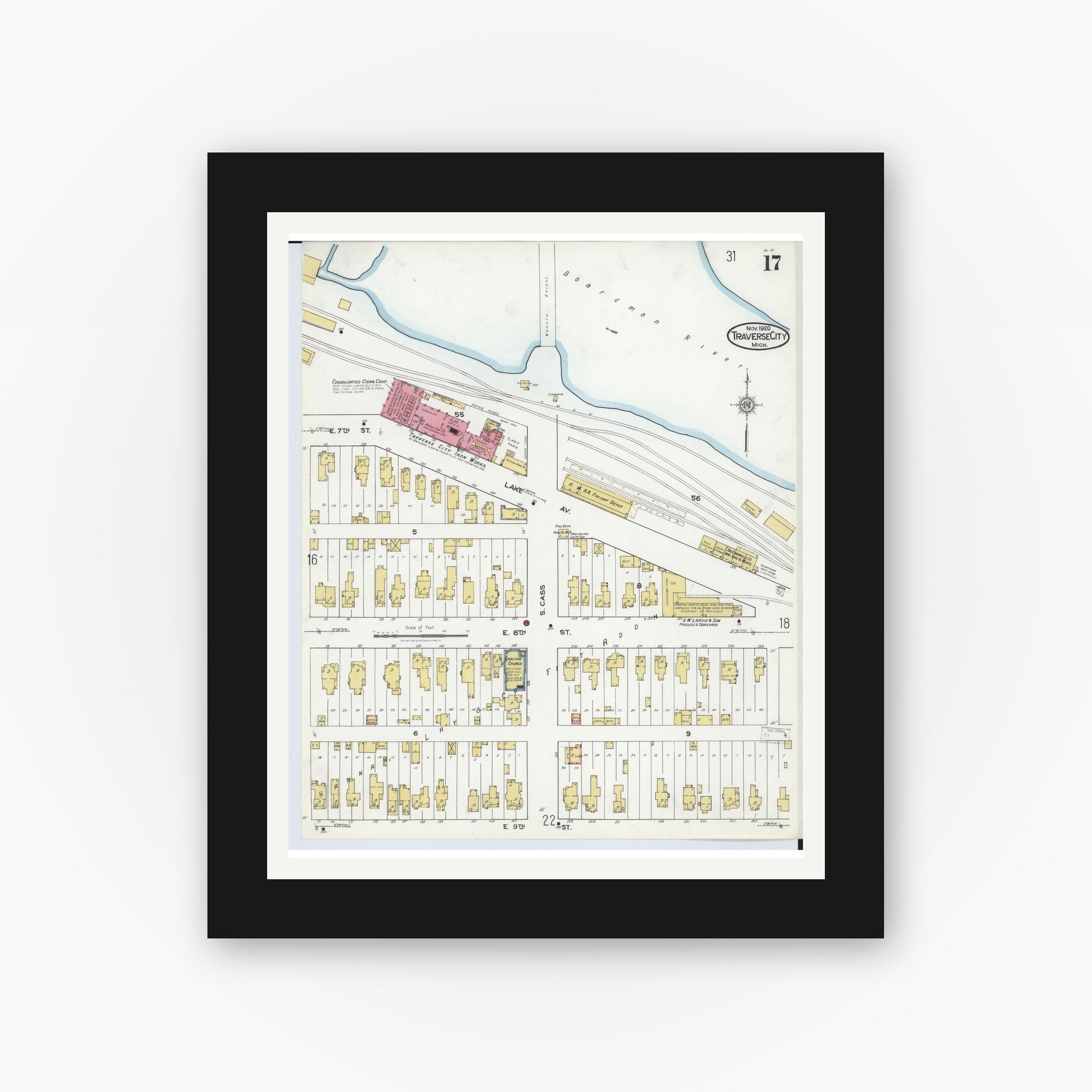 Old map wall art mockup — black gallery frame with white mat — Sanborn Fire Insurance Map from Traverse City, Grand Traverse County, Michigan (1920), Sheet #0017
