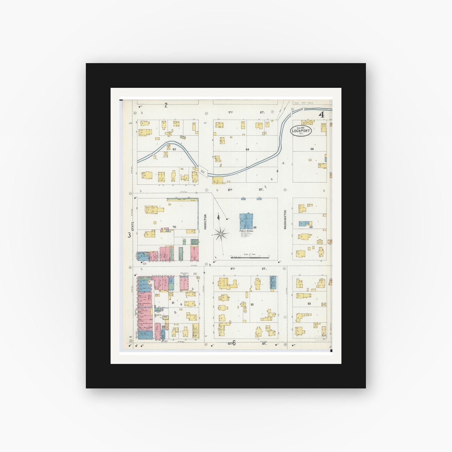 Old map wall art mockup — black gallery frame with white mat — Sanborn Fire Insurance Map from Lockport, Will County, Illinois (1902), Sheet #0004
