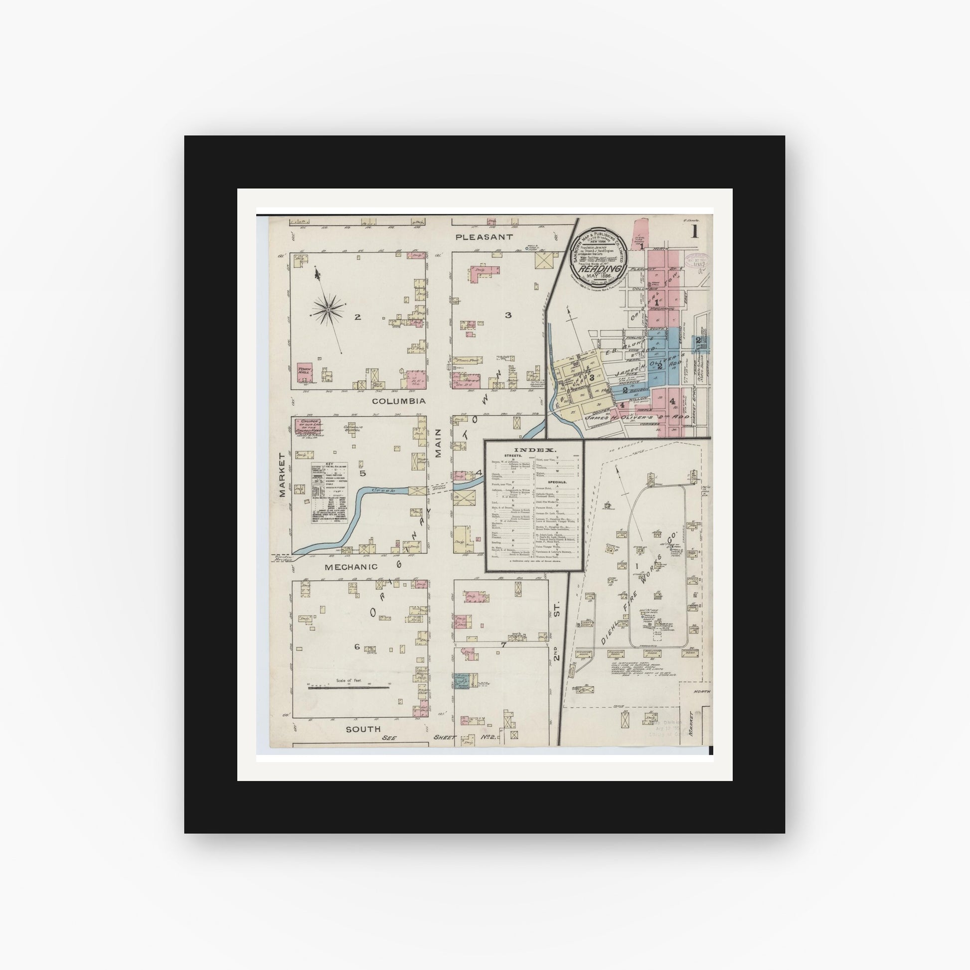 Old map wall art mockup — black gallery frame with white mat — Sanborn Fire Insurance Map from Reading, Hamilton County, Ohio (1886) - Complete Map Set